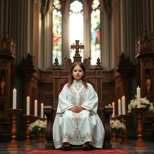 Generate an image of a serene young girl in an ornate white robe seated on a throne in a grand cathedral, with sunlight streaming through stained glass windows, surrounded by lit candles and floral arrangements, captured with a Canon EOS R5, 50mm lens, f/1.8 aperture, 1/200s shutter speed, and ISO 100 for enhanced clarity and depth.
