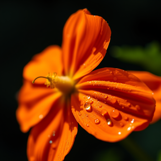Capture a close-up of a vibrant orange flower with water droplets on the petals, illuminated by soft natural light, using a Canon EOS R5, 85mm f/1.4 lens, aperture set to f/2.8, shutter speed 1/200s, ISO 100, shallow depth of field, with a blurred dark background to enhance focus on the flower.
