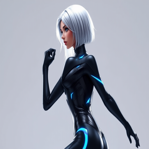 Generate a high-resolution image of a futuristic female character with platinum blonde hair wearing a sleek, form-fitting black suit with glowing blue accents, positioned in a dynamic profile view against a neutral background, taken with a DSLR camera at f/2.8, ISO 100, and a shutter speed of 1/250 sec, using soft lighting for a polished and dramatic effect.