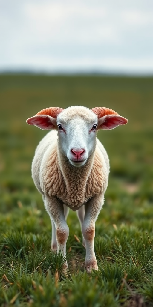 Create a realistic depiction of a sheep standing in a green pasture, captured with a DSLR camera at f/4 aperture, ISO 100, 1/250 sec shutter speed, 50mm lens, using a wide-angle view to enhance detail and depth.