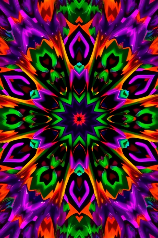 Create a vibrant kaleidoscopic pattern featuring star shapes and intricate designs with rich colors like purple, orange, and green, using a high-resolution digital camera at ISO 100, f/8 aperture, 1/60s shutter speed, capturing from a symmetrical top-down view with a macro lens for enhanced detail.