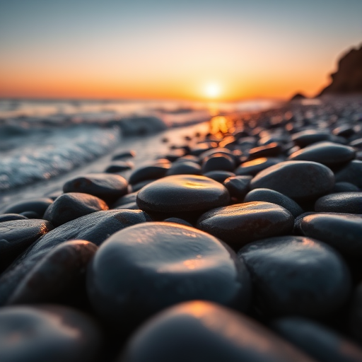 capture a close-up view of smooth, wet stones along a shoreline at sunset with gentle waves lapping over them using a DSLR camera with a 50mm lens, aperture set to f/2.8, ISO 100, and a shutter speed of 1/250 sec to enhance detail and depth of field