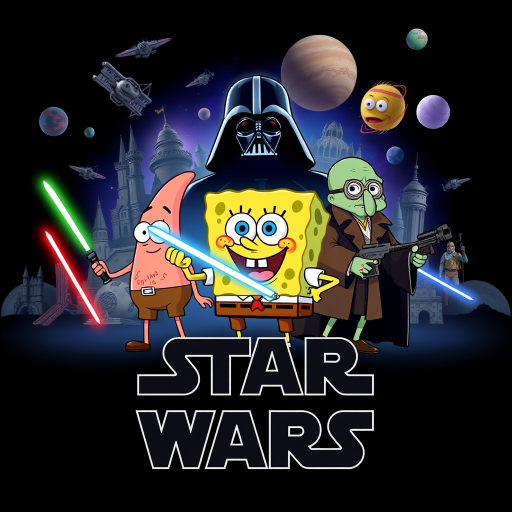 Create a parody of the Star Wars poster with SpongeBob as Luke Skywalker, holding a glowing spatula like a lightsaber. Patrick Star takes the role of Han Solo, holding a blaster, while Squidward is Obi-Wan Kenobi, draped in robes. In the background, Plankton appears as Darth Vader, with Bikini Bottom’s landmarks reimagined as spaceships and planets. The iconic Star Wars logo is swapped for "Sponge Wars," creating a playful, sci-fi adventure scene.