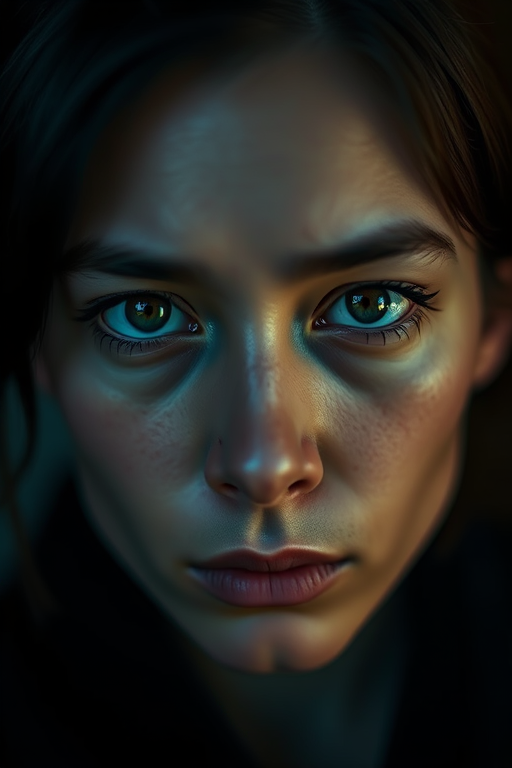 Create a portrait of a person with an enigmatic expression, using a Canon EOS R5 camera at f/1.8, ISO 100, 50mm lens, captured from eye level with soft, diffused lighting, focusing on shallow depth of field for a blurred background.