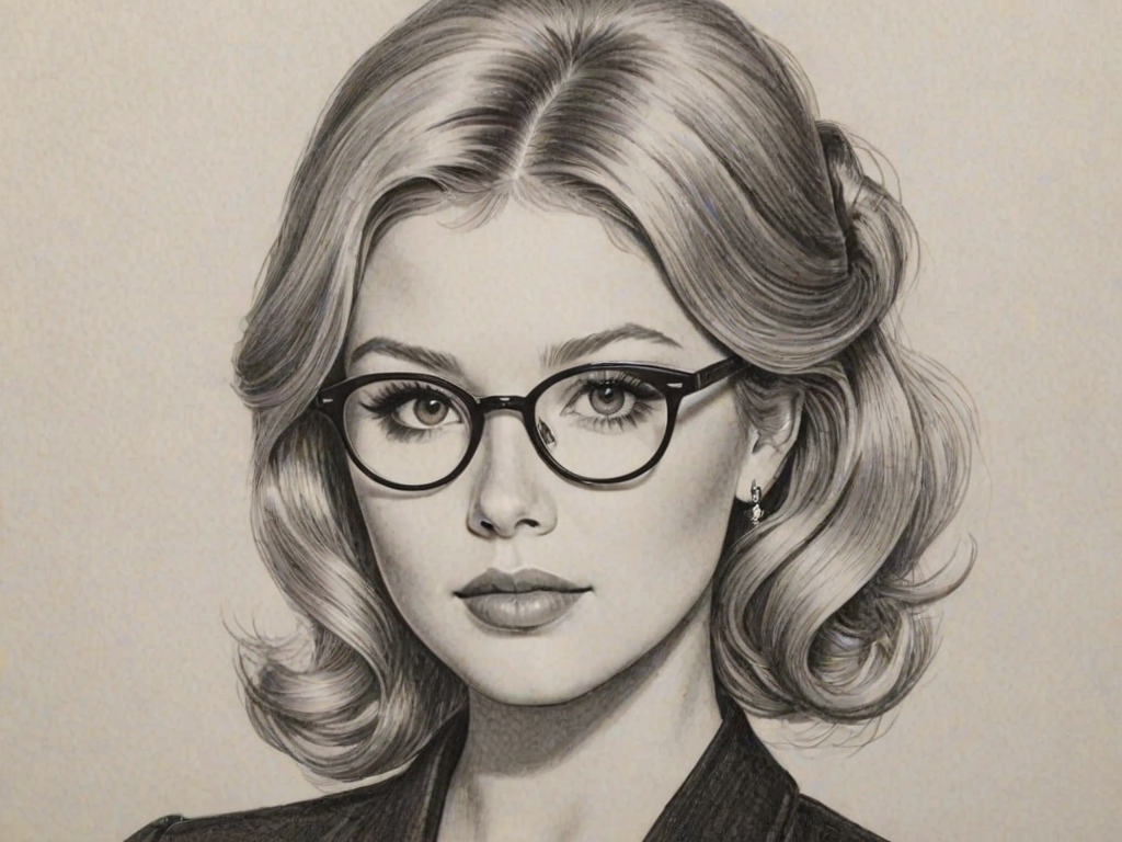 Delightful Renee Olstead, pencil sketch, portrait of Charming woman 1965s in glasses, hair style beatnik, outline, clear lines, fine lines, 8k