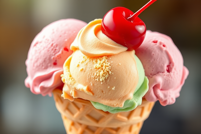 Create a highly detailed illustration of a three-scoop ice cream cone with pink, peach, and mint green flavors topped with a cherry, shot with a DSLR camera at f/2.8, ISO 100, 50mm lens, natural lighting, with a focus on vibrant colors and texture.