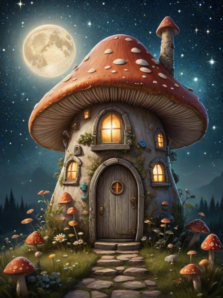 this picture is illustration of a mushroom house with a door and a window, a storybook , fantasy art, mushroom house, bg starry sky, sparkles