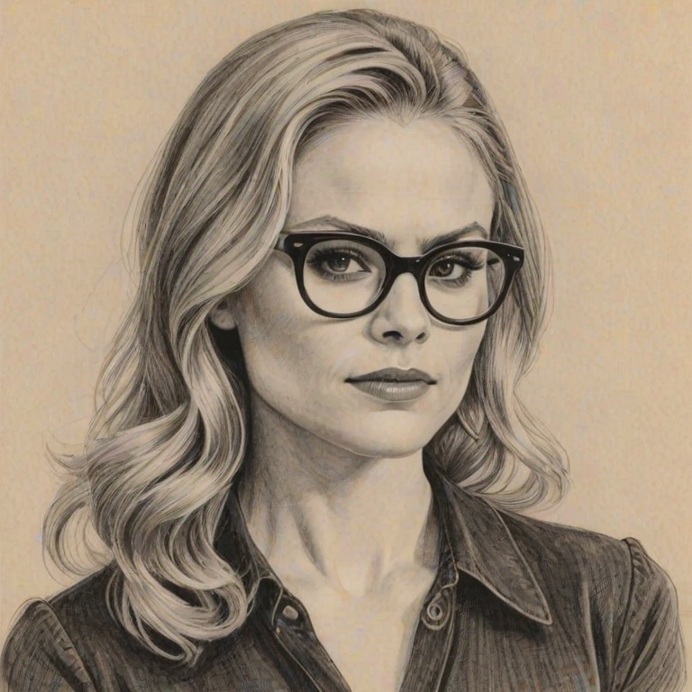 Fascinating Anna Paquin, pencil sketch, portrait of Bewitching woman 1949s in glasses, hair style beatnik, outline, clear lines, fine lines, 8k