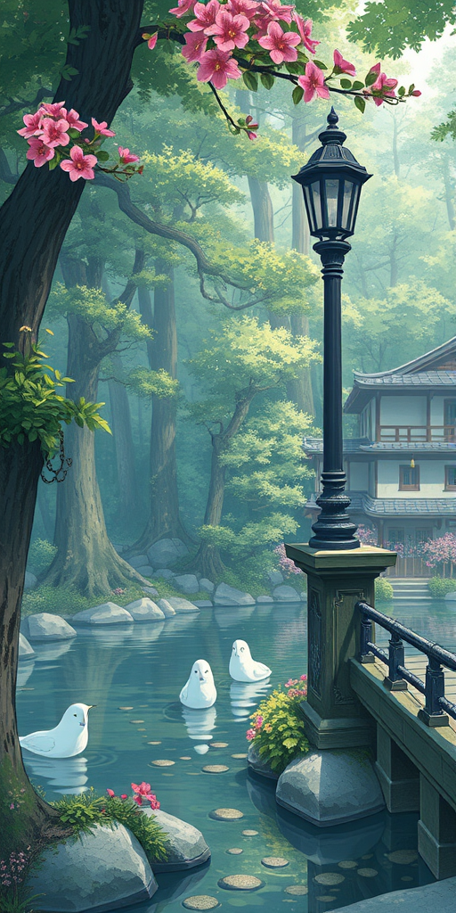pillar, traditional media, forest, flower, water, 1girl, chain, lamppost, house, railing