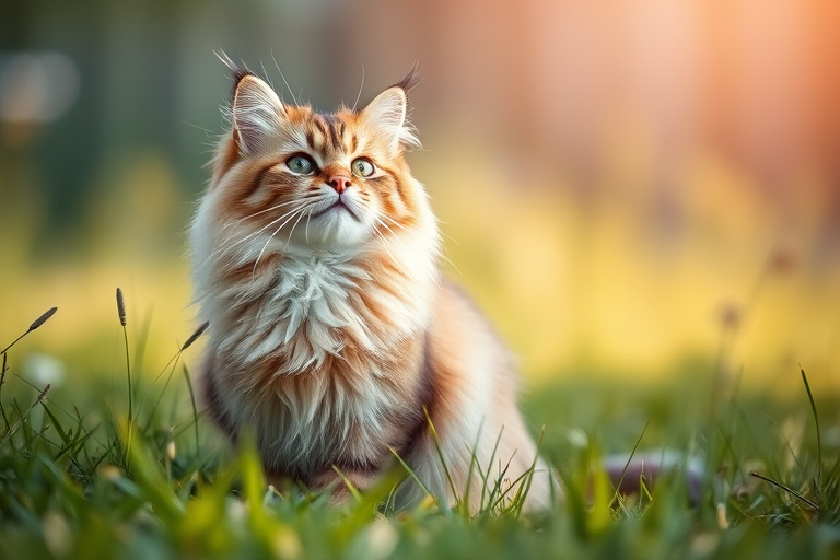 generate an image of a fluffy cat sitting in a grassy area, captured in soft afternoon light with a shallow depth of field, using a DSLR camera at 50mm focal length, f/1.8 aperture, ISO 200, and a slight upward angle to emphasize the cat's profile against a blurred background.