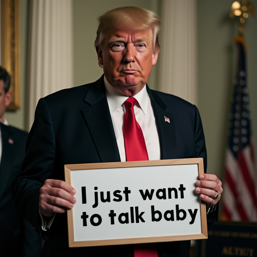 a photo of donald trump holding a sign board with a text "i just want to talk baby"