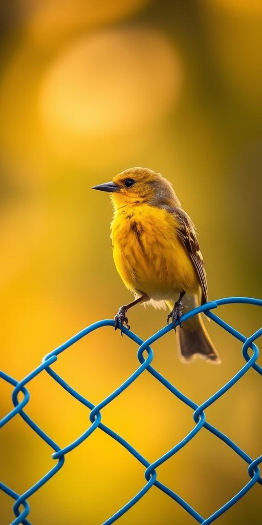capture a vibrant yellow bird perched on blue chain-link fence with a soft-focus background, use a DSLR camera with a 50mm lens at f/2.8, shutter speed 1/250s, ISO 200, natural light during golden hour for enhanced image quality