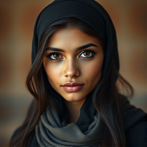 Create a portrait of a young Indian woman with long, dark hair and captivating hazel eyes. She is wearing a black headscarf and a matching scarf draped gracefully around her neck. The background is softly blurred, focusing attention on her serene and natural expression. The overall color palette is muted and warm, enhancing the intimate and authentic feel of the portrait.