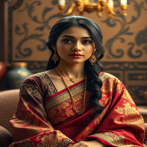 A beautiful Bangladeshi woman in traditional East Asian attire, intricately detailed with embroidered patterns, sitting gracefully in a richly decorated room, soft ambient lighting, serene and elegant, ultra-realistic, 8K resolution