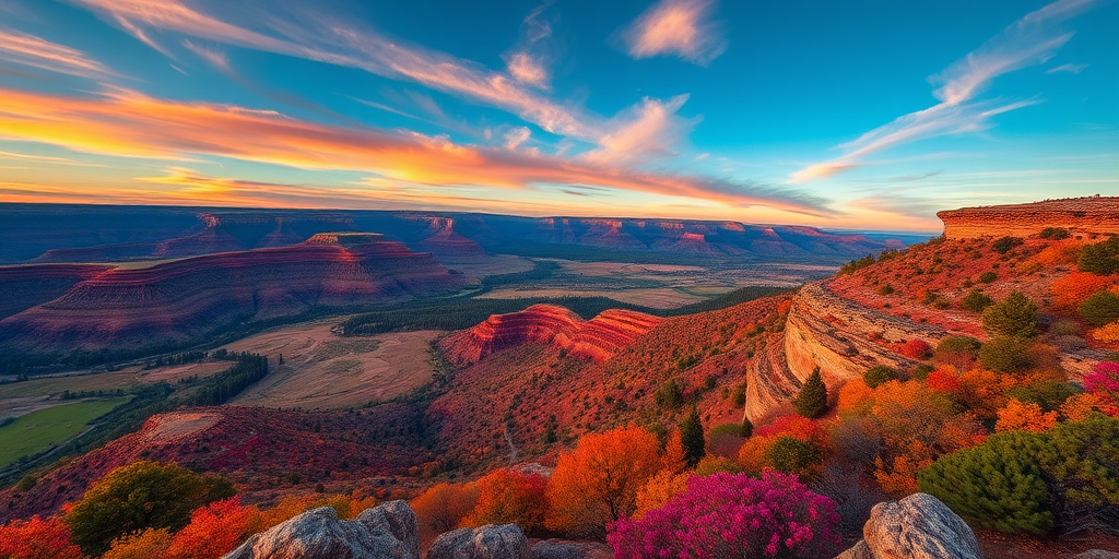 Generate a high-resolution image featuring a picturesque landscape with vibrant colors and intricate details, captured with a DSLR camera at f/2.8 aperture, ISO 100, 1/200 sec shutter speed, head-on view, and using a wide-angle lens for an expansive perspective.