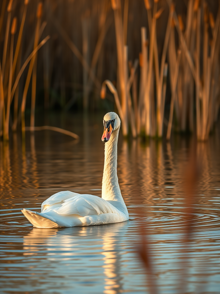 a serene scene of a white swan swimming in calm water surrounded by tall reeds, captured during golden hour with a 50mm lens, aperture f/1.8, ISO 200, shutter speed 1/800s, soft focus background for depth, shot with a DSLR camera in landscape orientation