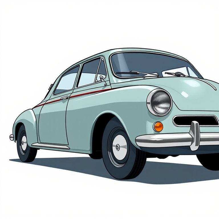 Create a detailed illustration of a vintage car with a sleek design, featuring two doors and round wheels, shot from a low angle using a DSLR camera with a 50mm lens, aperture set to f/1.8, ISO 100, and natural lighting to enhance clarity and depth.