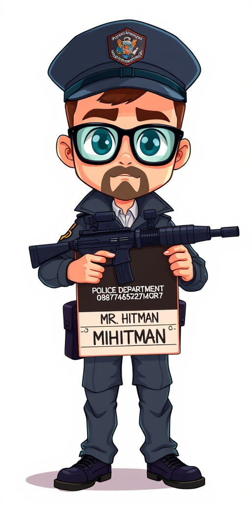 Create a cartoon-style illustration of a person resembling a police officer holding a paintball gun and a mugshot board with the text "POLICE DEPARTMENT MR. HITMAN PHYSICAL INJURY 09876456529237" in a well-lit studio setting, using a DSLR camera with an aperture of f/4, ISO 200, and a focal length of 50mm, shot from a frontal view to enhance image clarity and detail.