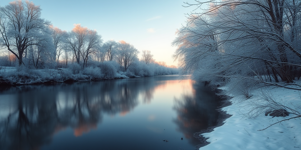 Capture a serene winter river scene at dawn with frosty trees reflecting on the smooth water, DSLR camera, aperture f/8, shutter speed 1/125 sec, ISO 100, wide-angle lens, soft focus, high dynamic range.