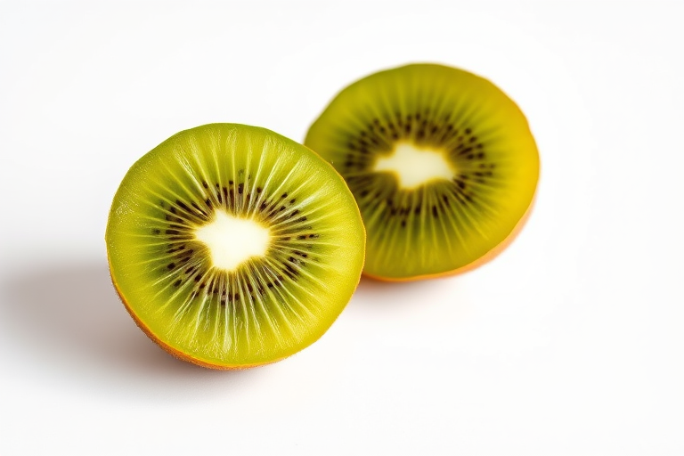 kiwi fruit on a white background with a metallic silver fold effect, natural lighting, f/2.8 aperture, ISO 100, 50mm lens, DSLR camera, shallow depth of field