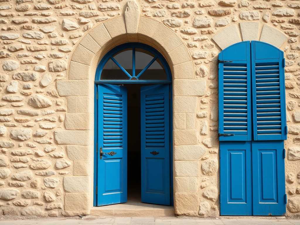 a rustic stone wall with an arched window and blue shuttered doors, soft natural lighting, 50mm lens, f/2.8 aperture, ISO 100, shot from eye level with a shallow depth of field, DSLR camera