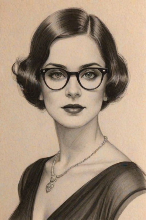 Magnificent Emmy Lou Harris, pencil sketch, portrait of Elegant woman 1925s in glasses, hair style beatnik, outline, clear lines, fine lines, 8k