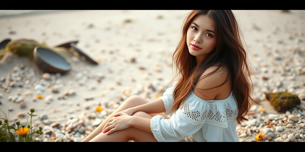 Portrait of a young woman with long, flowing dark hair sitting on a beach surrounded by seashells and wildflowers, soft natural lighting, shallow depth of field, 50mm lens, f/1.8, ISO 100, shot on a DSLR in coastal settings.