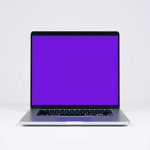 Create a high-resolution image of a sleek silver laptop with a blank purple screen, using a Canon EOS 5D Mark IV, 50mm f/1.8 lens, aperture f/2.8, ISO 100, with soft diffused lighting from the front, shooting at eye level in a minimalistic style.