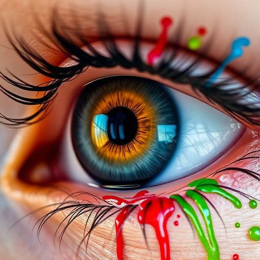 Create a high-resolution image of a close-up human eye with vibrant colors and paint splashes, using a Canon EOS R5 with a 50mm f/1.2 lens, aperture set to f/2.8, ISO 100, and natural light for enhanced detail and clarity.