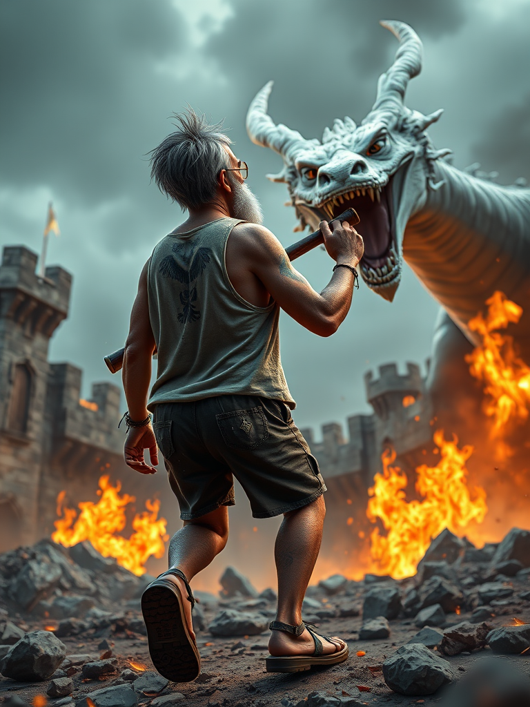 Cartoon 3D High-Resolution,dynamic battle scene using Unreal Engine 5 and Octane Render. The scene features back of an elderly, thai man with a beard,messy hair and round golden-rimmed glasses. He is wearing a tattered tank top with soot marks, shorts, and sandals. sweating. he wields a baseball bat. He jump to fight with a white fire-breathing Europe dragon amidst a partially destroyed stone castle. Include intense flames, smoke, and debris to enhance the dramatic effect.
