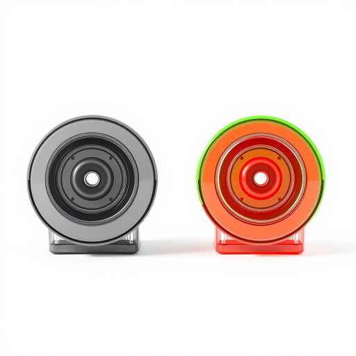 Create a high-resolution vector image of a pencil sharpener in two circular designs, one in grayscale and the other in bright neon green, with a clean background, using a DSLR camera shot at f/2.8 aperture, 50mm lens, ISO 100, and soft natural lighting for clarity and depth.