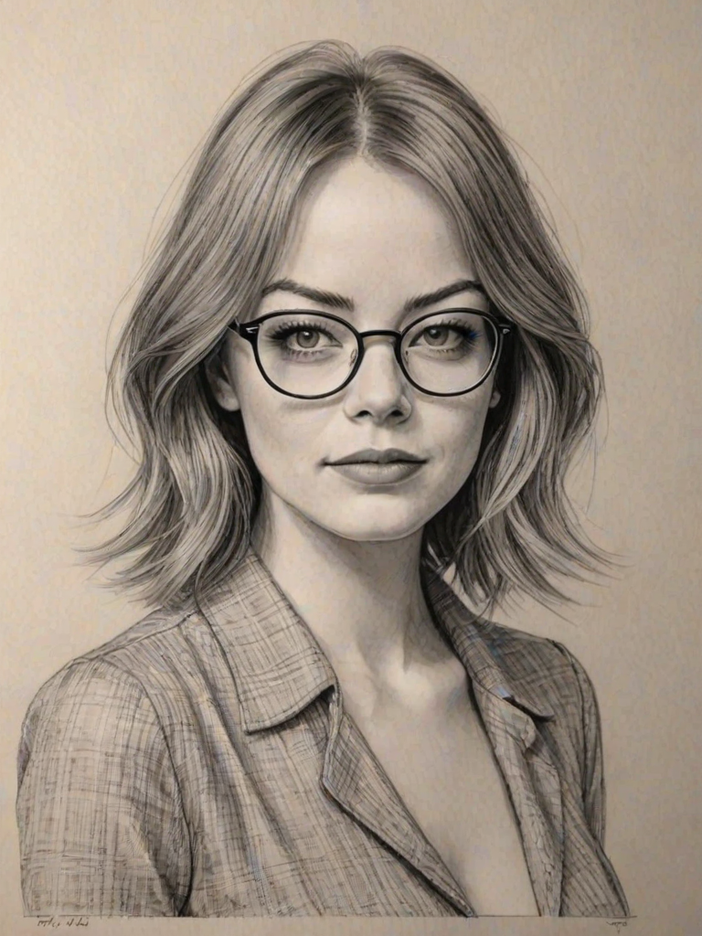 Bewitching Emma Stone, pencil sketch, portrait of Superb woman 1972s in glasses, hair style beatnik, outline, clear lines, fine lines, 8k