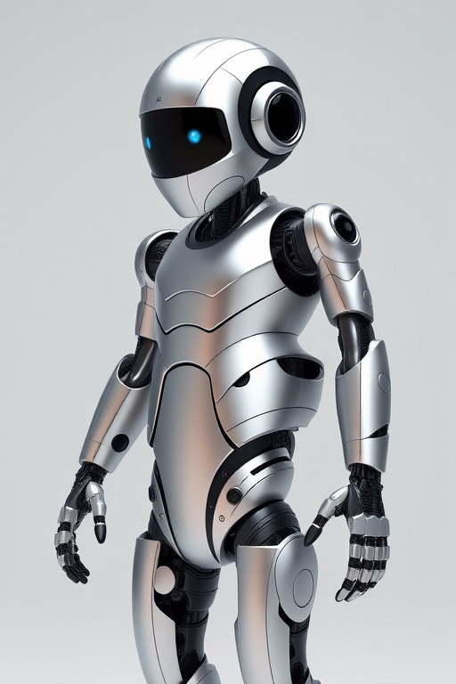 Create a high-resolution 3D render of a humanoid robot with a metallic finish, full body view, 35mm lens, f/8 aperture, ISO 100, illuminated with soft studio lighting, against a plain background.