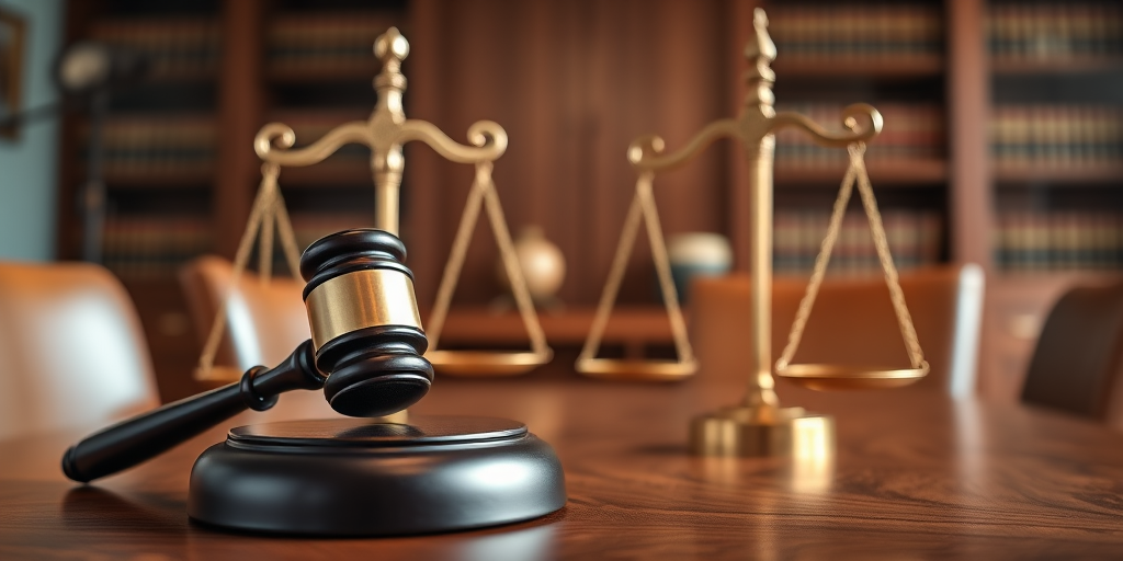 Create a high-resolution image of a judge's gavel and scales of justice on a wooden desk in a law office with soft natural lighting, using a DSLR camera with a 50mm lens, aperture set to f/1.8, ISO 200, and a shallow depth of field for a professional and polished look.