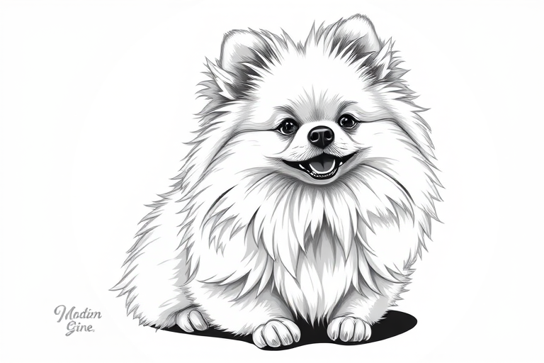Create a highly detailed black and white illustration of a fluffy Pomeranian sitting, emphasize its cheerful expression and fur texture, use a shallow depth of field to blur the background, shot from a slight above angle, with a focus on the dog's face, ISO 100, aperture f/2.8, shutter speed 1/125s, with a DSLR camera.