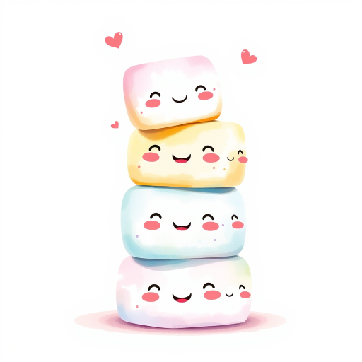Create a whimsical illustration of six cute marshmallows stacked, with happy expressions and a watercolor effect, shot with a Canon EOS R5 at f/2.8, ISO 100, 50mm lens, soft diffuse lighting from the left, emphasizing vibrant colors and a playful mood.