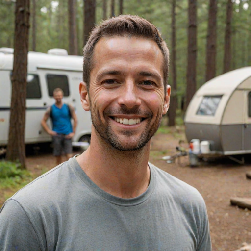professional photograph, some guy, 35 year old man, crew cut, at a campsite, smiling at viewer, friendly