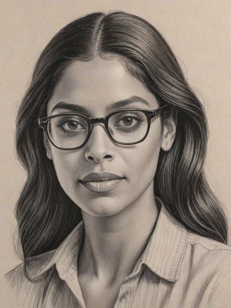 Magnificent Lilly Singh, pencil sketch, portrait of Resplendent woman 1939s in glasses, hair style beatnik, outline, clear lines, fine lines, 8k