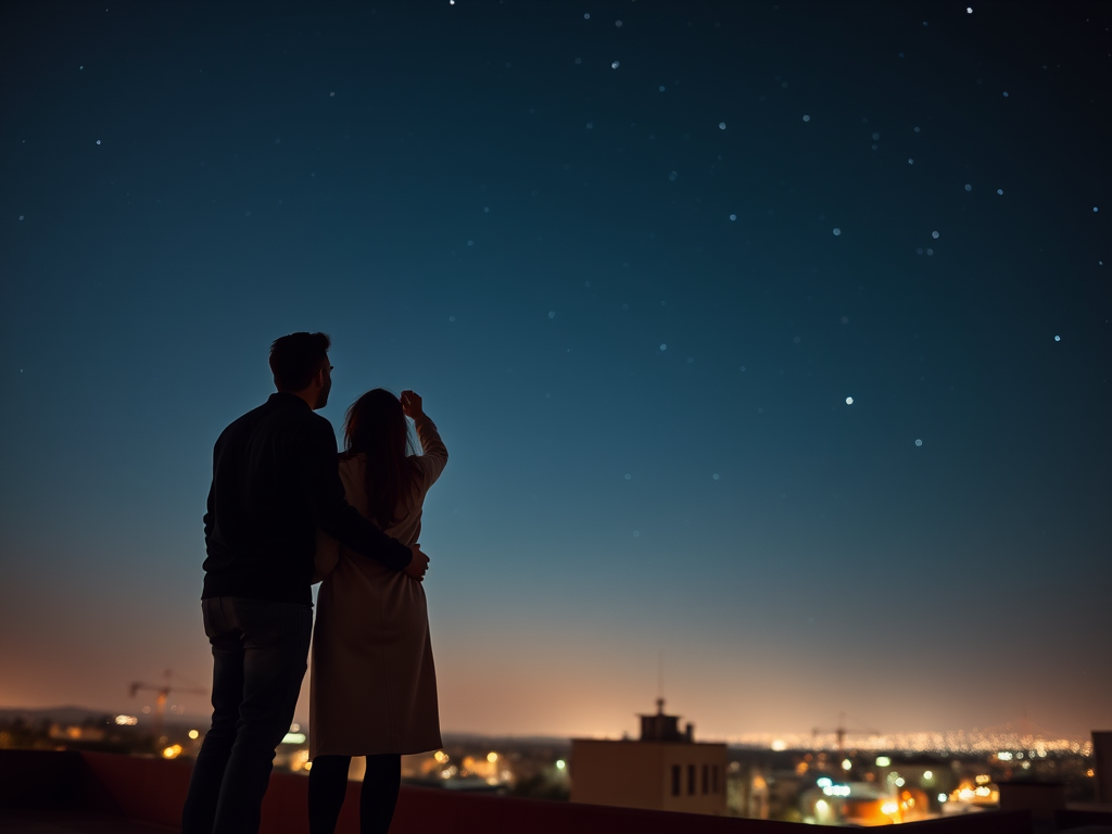 Warm, intimate image of a couple stargazing on a rooftop, soft glow from nearby city lights casting a warm hue, distant constellations visible in the clear night sky.