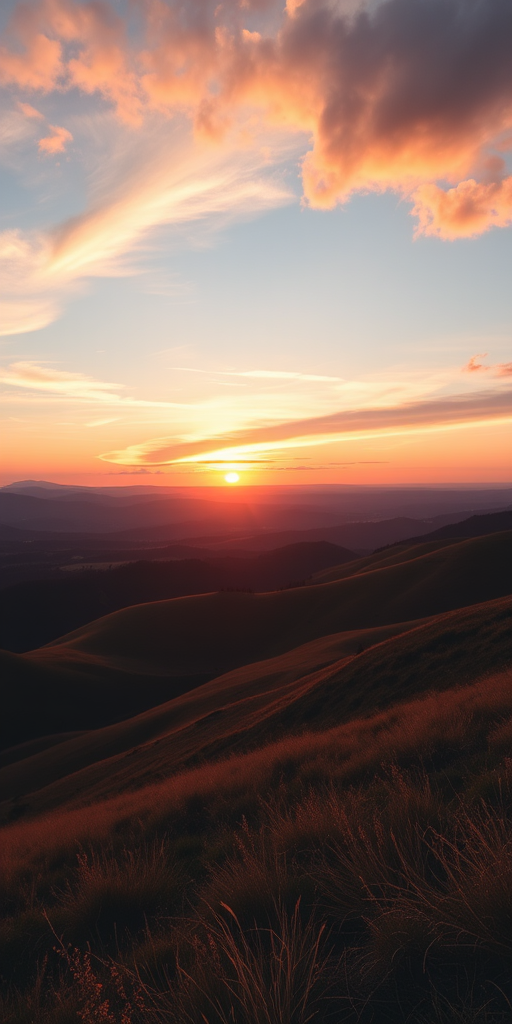 Create a vibrant, high-resolution image of a serene landscape with rolling hills and a sunset, captured with a DSLR camera at f/8 aperture, ISO 100, 1/250 sec shutter speed, using a wide-angle lens at a 24mm focal length, in landscape orientation, with soft lighting and vibrant colors.
