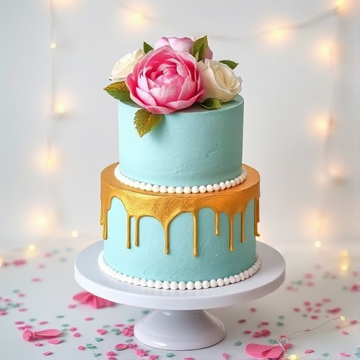 A two-tiered birthday cake with smooth pastel blue buttercream frosting. The top is adorned with gold leaf accents and a large, edible flower arrangement in pink and white peonies. The bottom tier has a gold drip effect, and around the base of the cake are small, dainty pearls. The cake is placed on a white porcelain cake stand, surrounded by confetti and soft string lights for a festive vibe.
