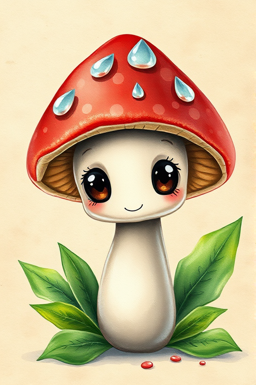 create a whimsical watercolor illustration of a cute mushroom character with large eyes, featuring a red cap with water droplets, surrounded by green leaves, on a textured parchment background, taken with a Canon EOS R5, 50mm f/1.8 lens, in natural light with a shallow depth of field for a dreamy effect