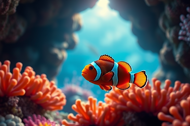 Create a high-resolution digital illustration of a clownfish swimming in a coral reef, using a Canon EOS R camera with a 50mm lens at f/2.8, ISO 100, and a 1/200 shutter speed for vibrant colors and sharp details.
