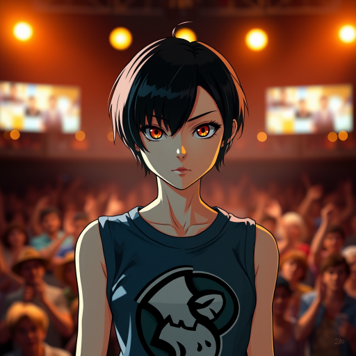 Generate a high-resolution image of a confident female character with short black hair and striking orange eyes, wearing a sleeveless shirt with a bold graphic design, standing in front of a cheering crowd illuminated by stage lights, using a DSLR camera with a 50mm lens, aperture f/1.8, ISO 200, and a shallow depth of field to accentuate the character against a blurred audience background.