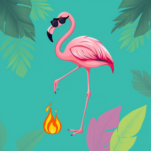 Create a vibrant illustration of a pink flamingo wearing sunglasses standing on one leg with a cartoon-style flame at its foot, set against a teal background with tropical leaves; use a Canon EOS R mirrorless camera, aperture f/2.8, ISO 100, 35mm lens, high-resolution, and shot in bright daylight for enhanced image quality.