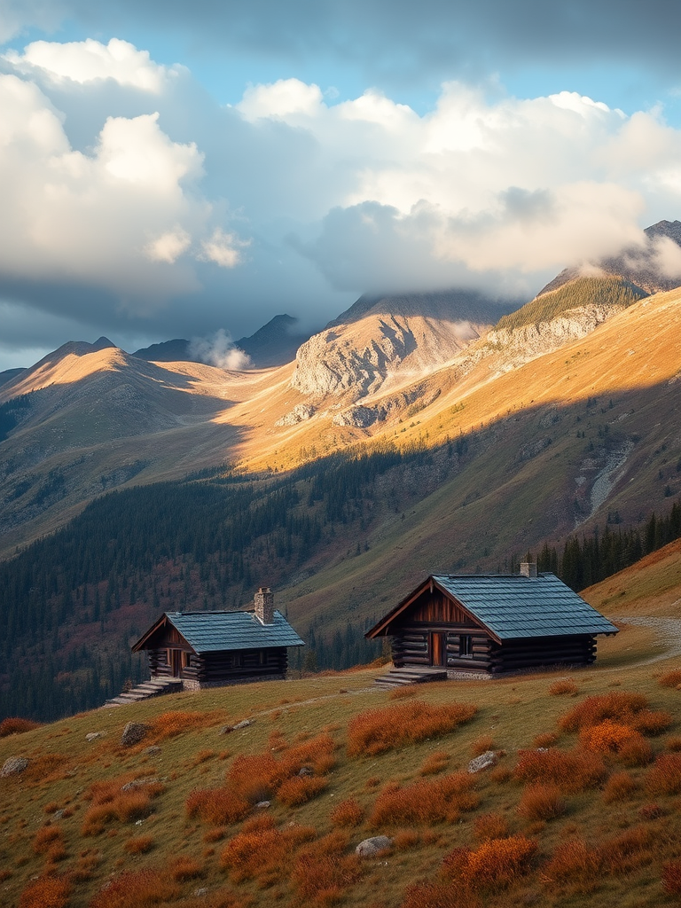 Create a high-resolution landscape image of a mountainous region during autumn, featuring rustic wooden cabins on a grassy slope under a cloudy sky, shot with a Canon EOS 5D Mark IV, 24mm lens, f/8 aperture, ISO 100, and a soft diffused lighting effect to enhance details and colors.