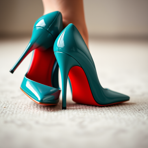 Generate a high-resolution image of a stylish pair of teal stiletto heels with a red sole, shot with a Nikon D850 camera at f/2.8, 1/125s, ISO 100, using a macro lens to capture intricate details, with a soft blurred background for depth.