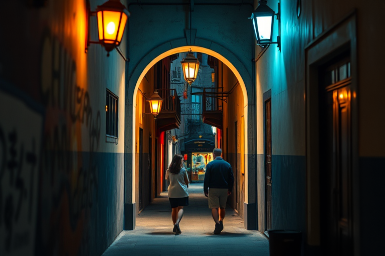 regenerate a vibrant alleyway scene with two figures walking under an archway illuminated by a lantern, using a Canon EOS R5, f/2.8 aperture, ISO 100, 50mm lens, in portrait orientation, with a soft focus and high dynamic range for enhanced colors and detail