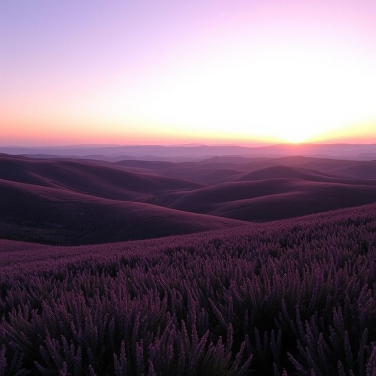 Create a serene landscape with rolling purple hills under a soft sunset sky, captured with a DSLR camera at f/8, ISO 100, 1/125 sec, using a wide-angle lens for an expansive view and a soft focus effect.