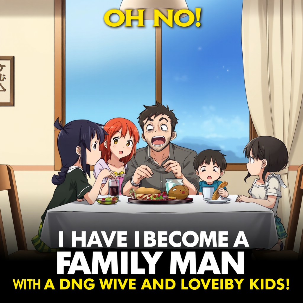 isekai anime style poster depicting a happy Family of four, a surprised dad sitting at a table with his wife and two kids eating something; the movie title clearly reads "OH NO! I HAVE BECOME A FAMILY MAN WITH A DOTING WIFE AND LOVABLE KIDS!", written in clear and exact letters